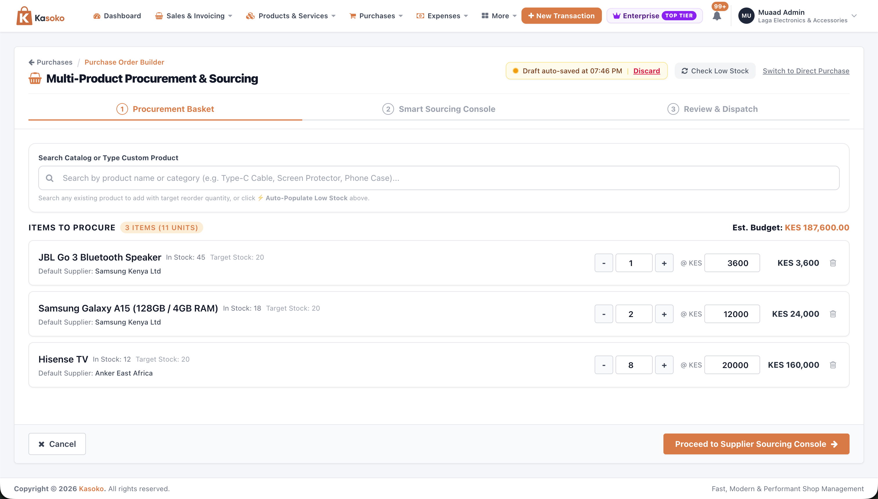 Kasoko Create Purchase Order Step 1 showing Check Low Stock button, In Stock vs Target Stock indicators, and live Est. Budget